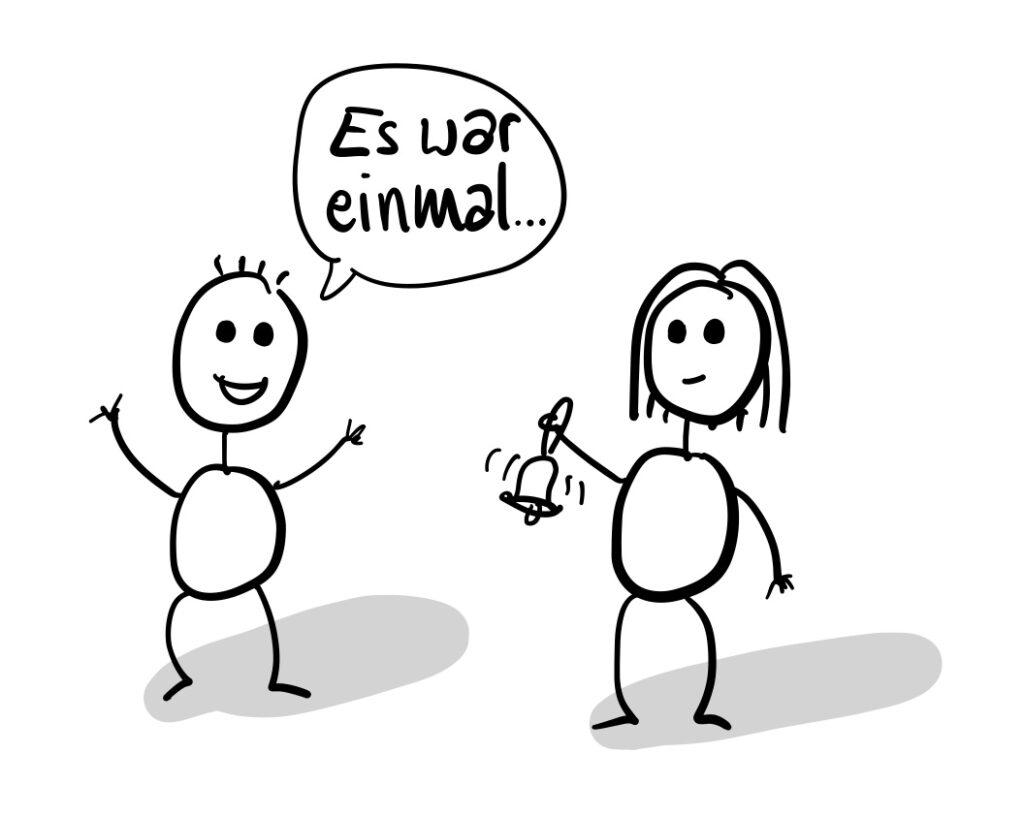 Illustration von zwei Personen, eine sagt "Es war einmal" die andere hat eine Klingel in der Hand.